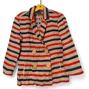 Tommy Hilfiger Linen Orange Blue Striped Double Breasted Blazer Jacket Size 2